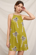 Olive green palm tree print halter neck swing mini dress - front view