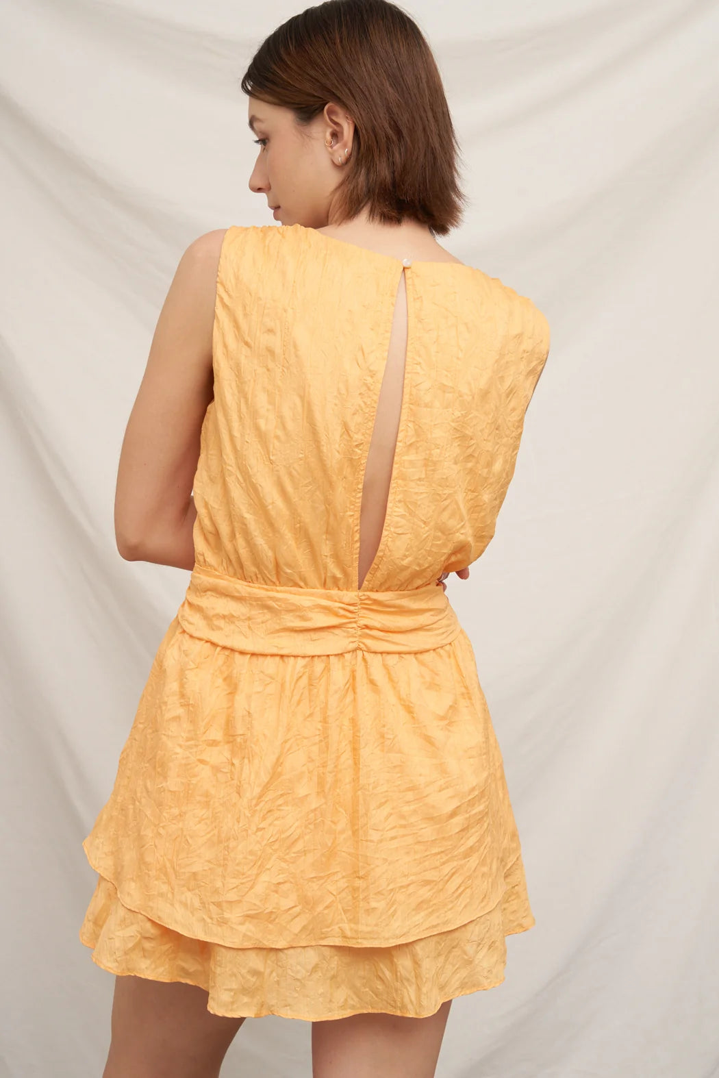 Textured Dot Bow-Tie Waist Tiered Sleeveless Mini Dress