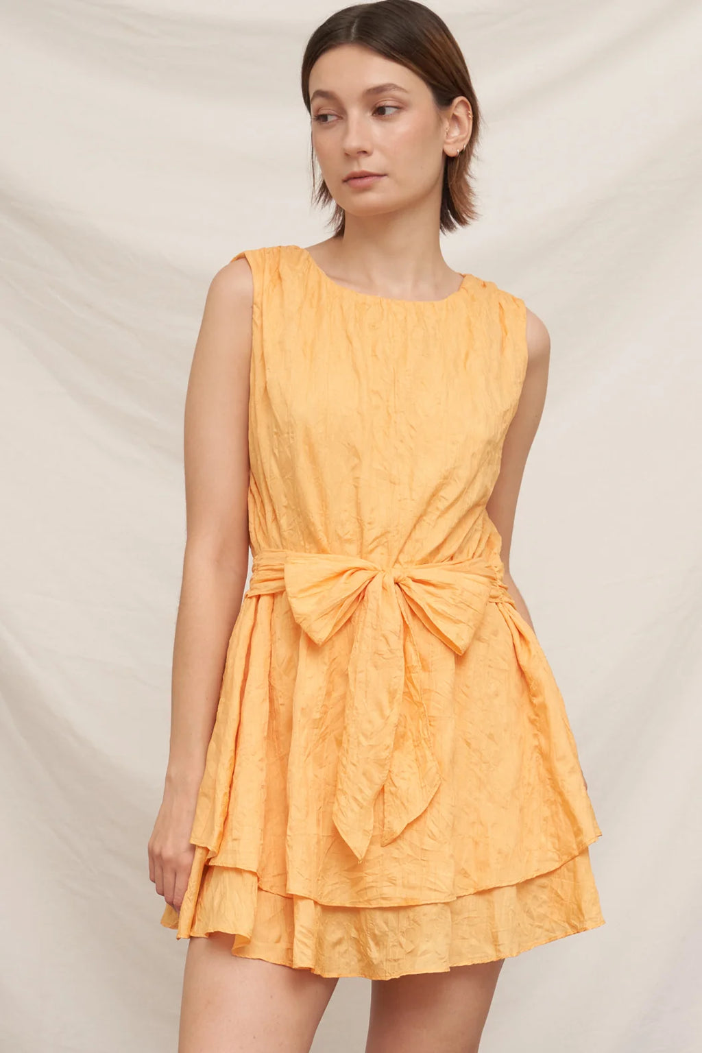 Textured Dot Bow-Tie Waist Tiered Sleeveless Mini Dress