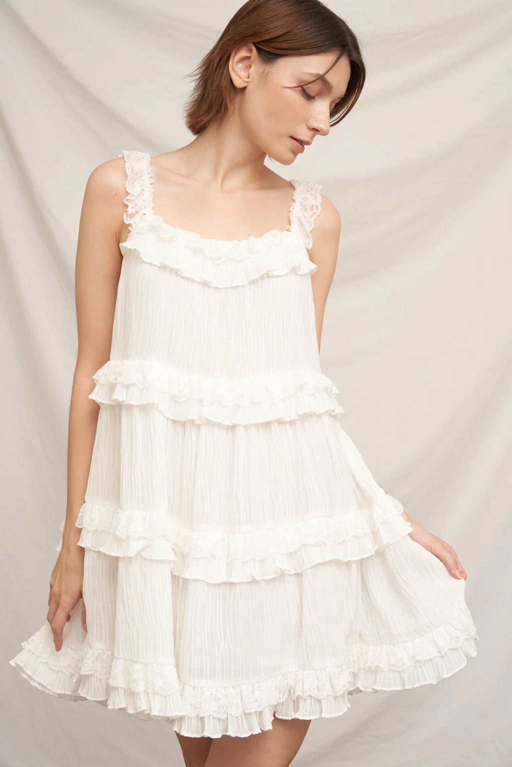 White ruffle strap multi-tier crinkle chiffon babydoll mini dress - back view