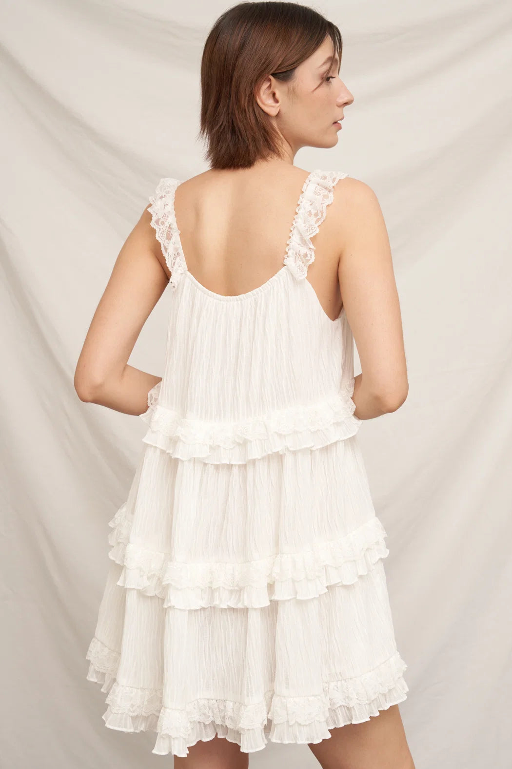 White ruffle strap multi-tier crinkle chiffon babydoll mini dress - front full length view
