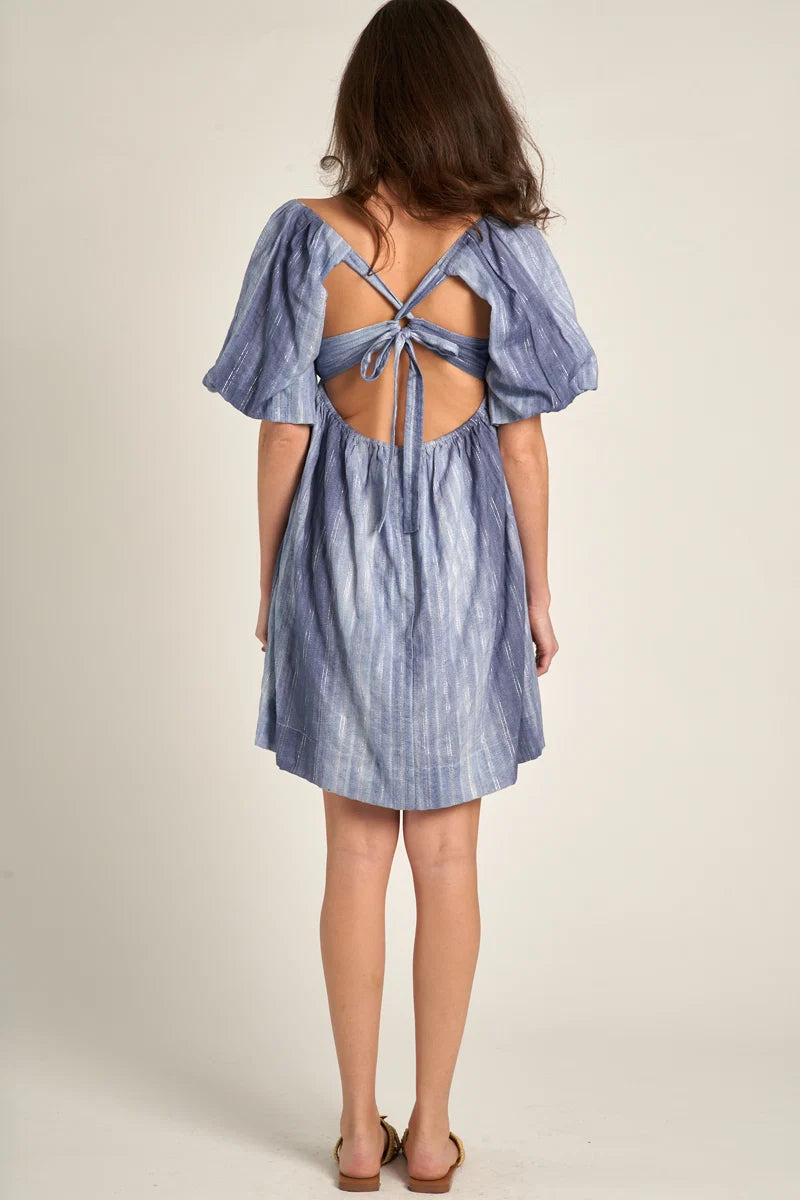 Periwinkle blue shimmer stripe puff sleeve open back tie babydoll mini dress - back cross strap close up