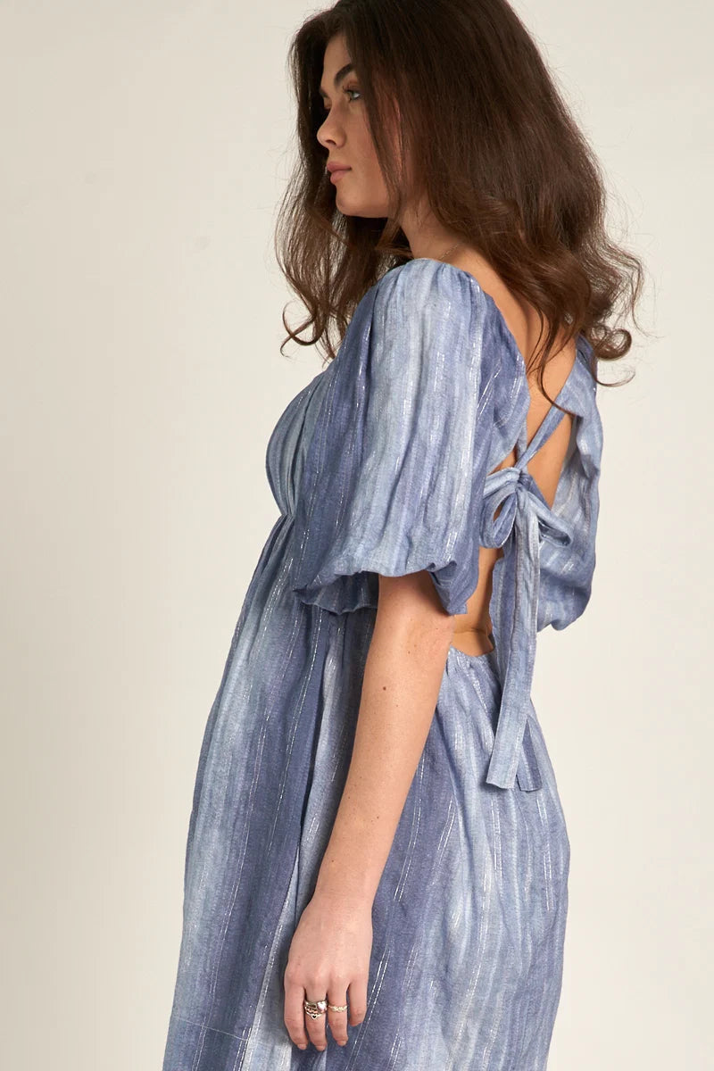 Periwinkle blue shimmer stripe puff sleeve open back tie babydoll mini dress - side view