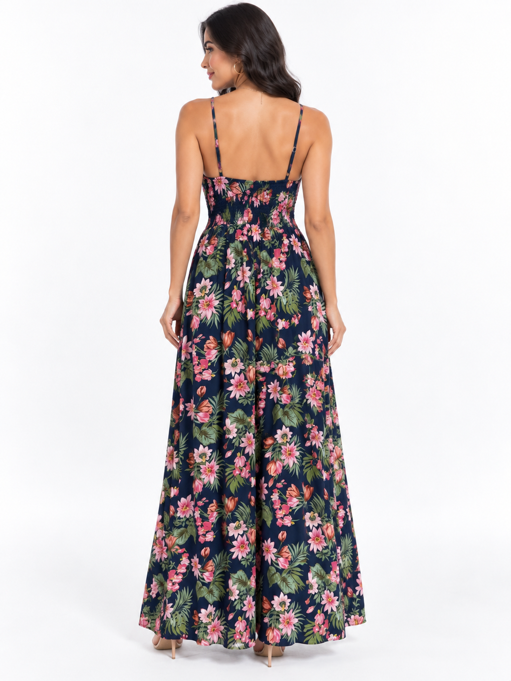 Navy tropical-floral spaghetti-strap deep-V crossback smocked-waist flowy maxi dress - back full-length white background view showing fine spaghetti straps crossing elegantly at back in X-crossback, smocked waistband from behind, and enormous flowy maxi skirt in deep navy tropical floral print