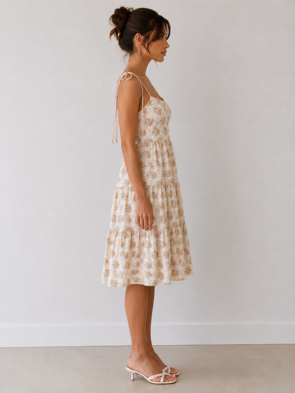 Ditsy floral square-neck tie-shoulder tiered midi dress - back view showing open back and tie bow shoulder detail