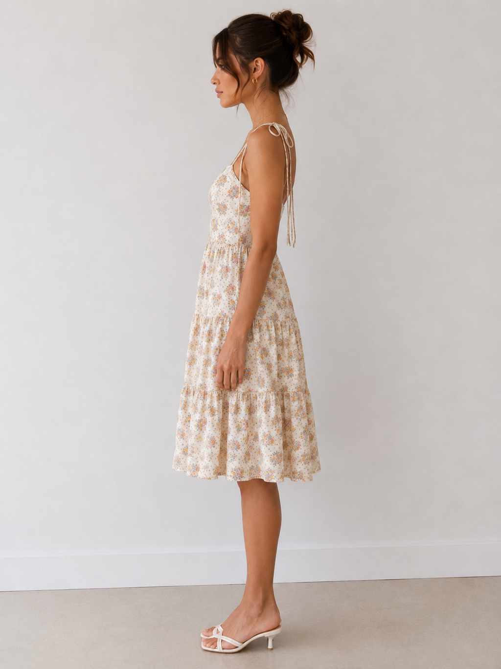 Ditsy floral square-neck tie-shoulder tiered midi dress - side view showing open low back and double straps