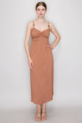 Deep tan ring strap ruched bust midi slip dress - front view
