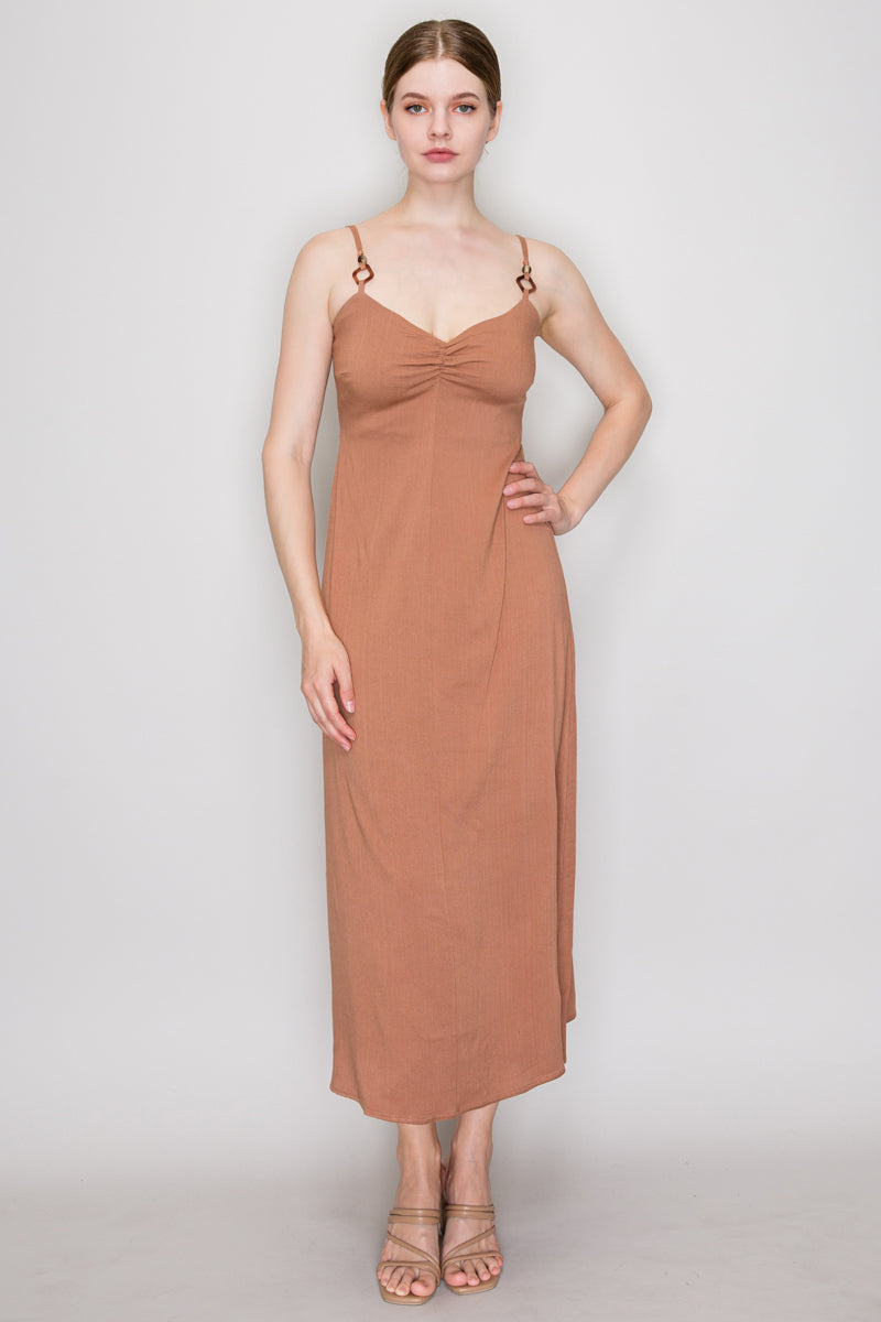 Deep tan ring strap ruched bust midi slip dress - front view