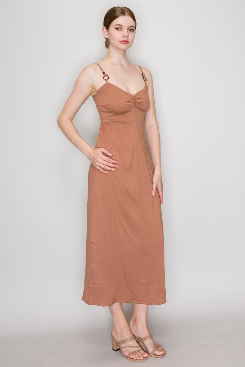 Deep tan ring strap ruched bust midi slip dress - side view