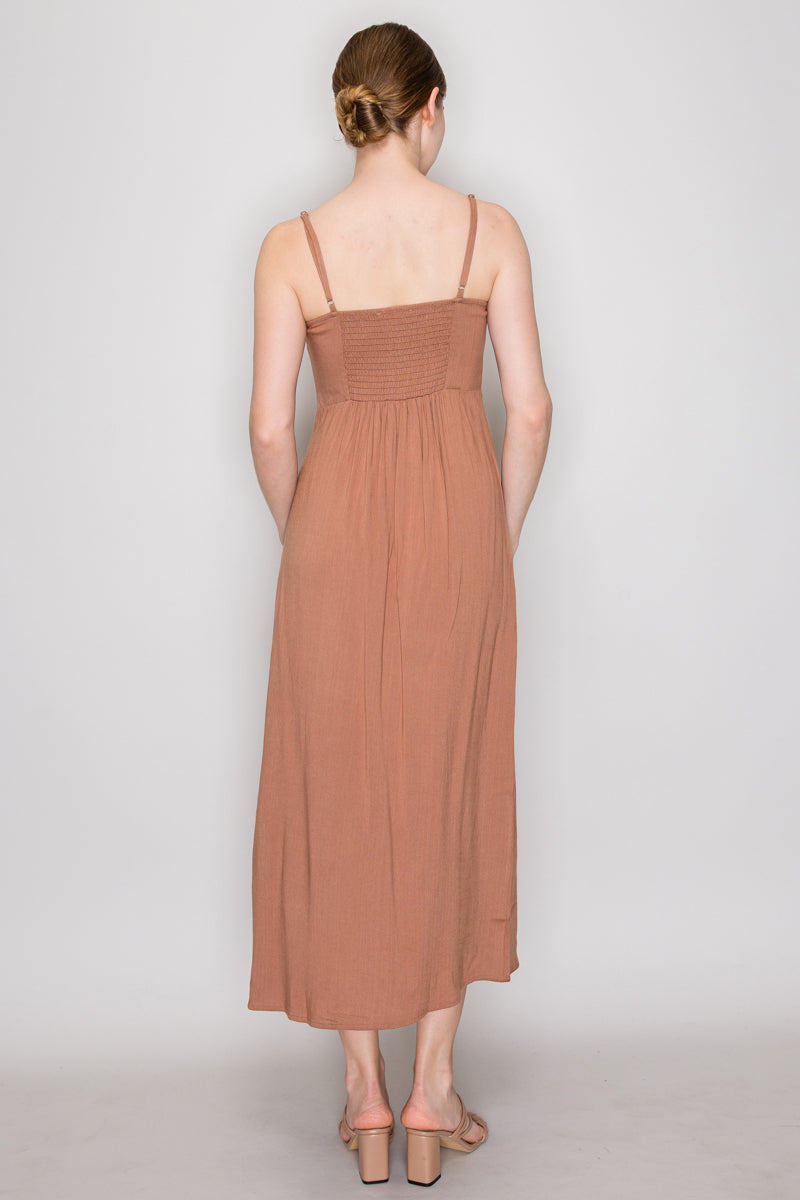 Deep tan ring strap ruched bust midi slip dress - back view