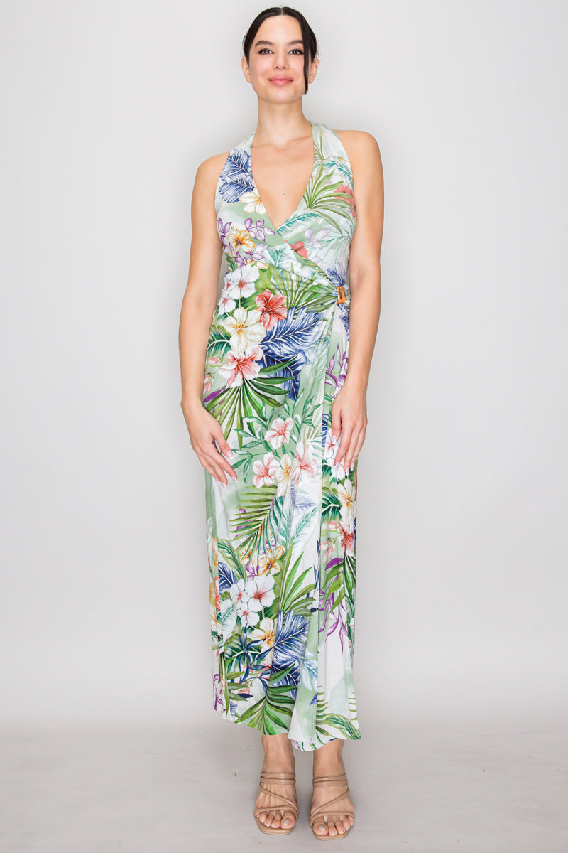 Mint tropical floral halter wrap midi dress - side view