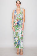 Mint tropical floral halter wrap midi dress - side view