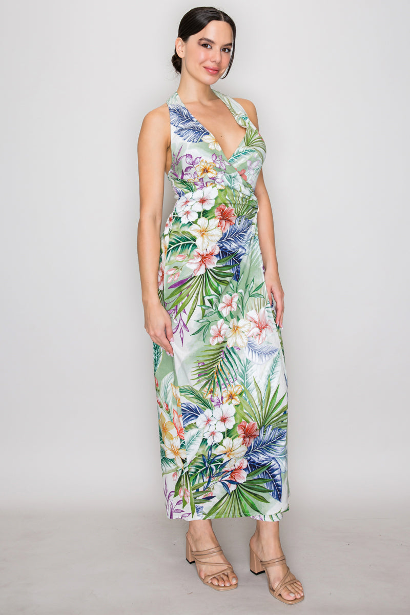 Mint tropical floral halter wrap midi dress - back smocked view