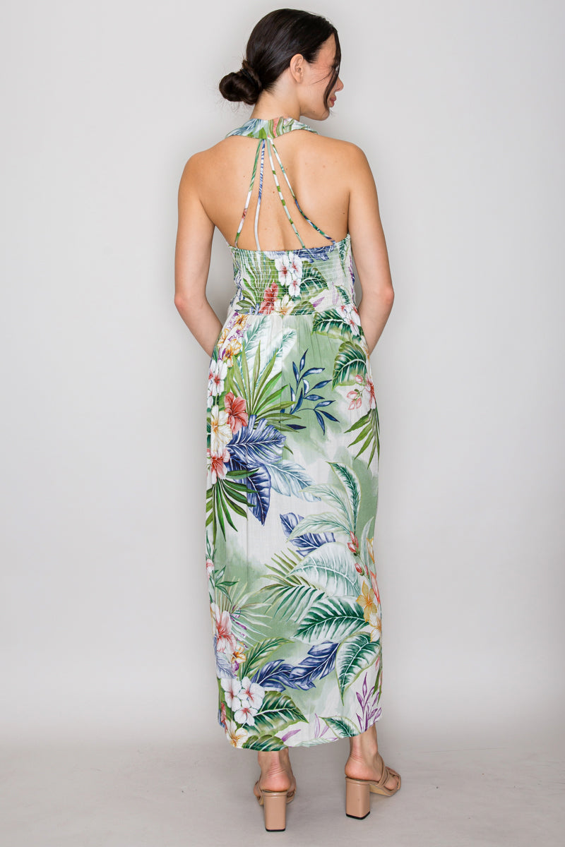 Mint tropical floral halter wrap midi dress - gold ring waist detail close up