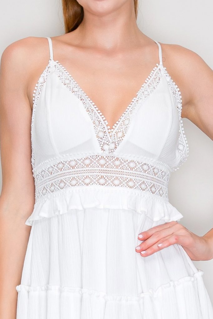 Off white V-neck crochet lace trim tiered babydoll mini dress - front full length view