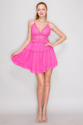 Spring pink V-neck crochet lace trim tiered babydoll mini dress - front full length view