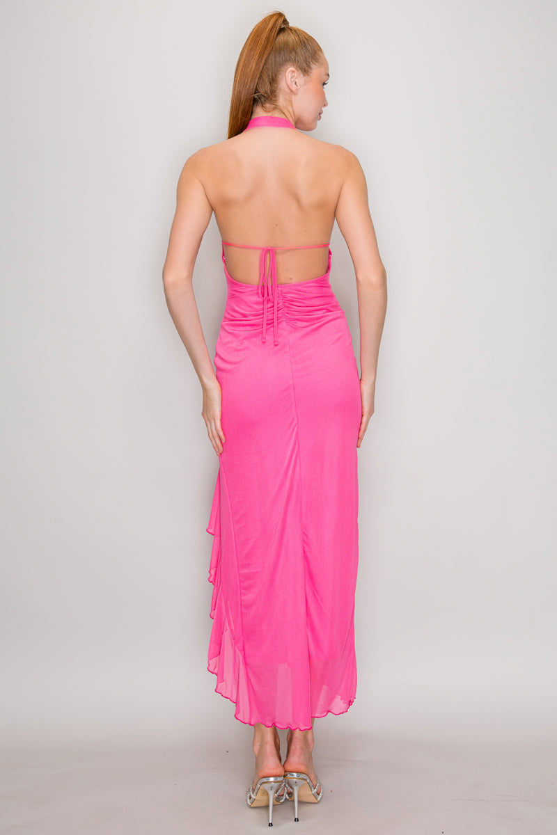 Hot pink deep-V halter open back ruched hi-lo ruffle midi dress - back open detail view