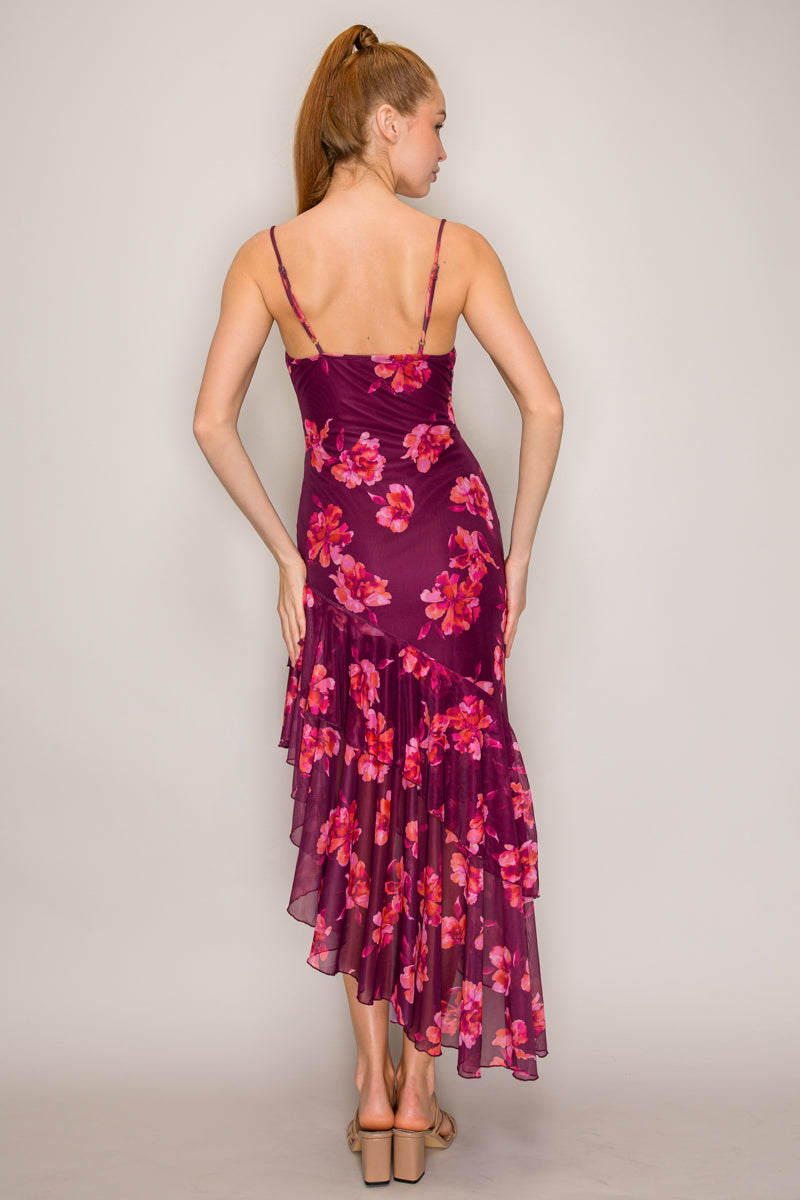 Burgundy floral print cowl neck spaghetti strap ruched asymmetric hi-lo ruffle midi dress - front full length view
