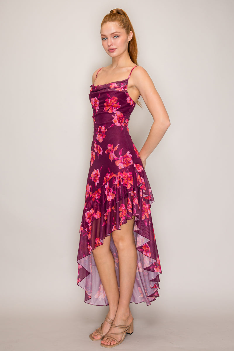 Burgundy floral print cowl neck spaghetti strap ruched asymmetric hi-lo ruffle midi dress - side view showing hi-lo hem