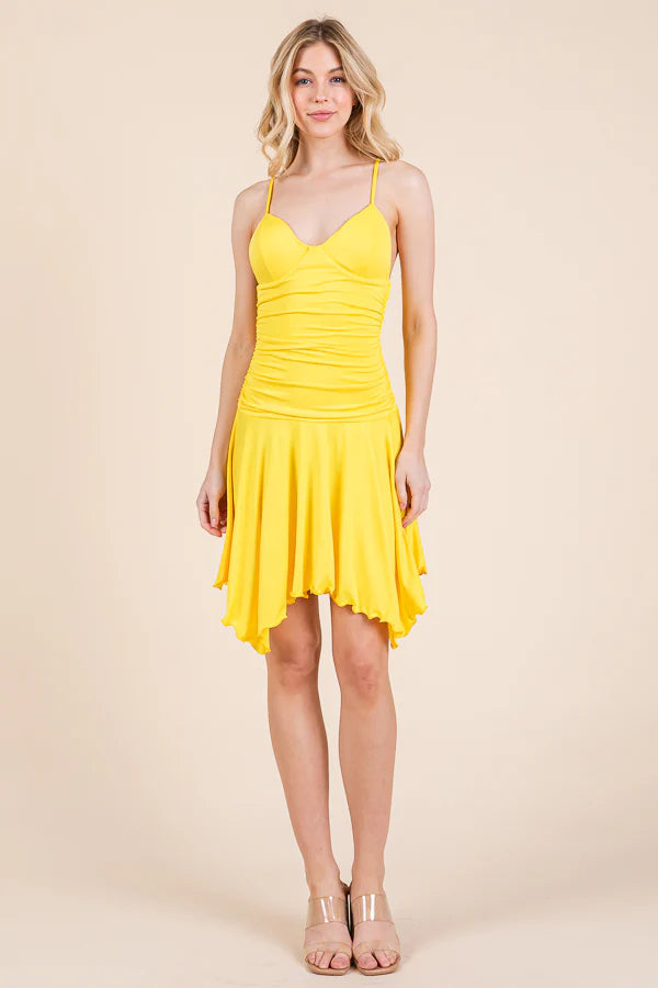 Hot pink ruched mini dress - front view