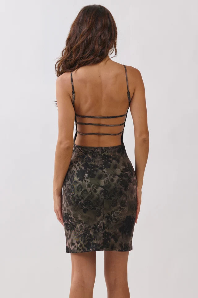 Olive floral print spaghetti strap strappy back bodycon mini dress - front view