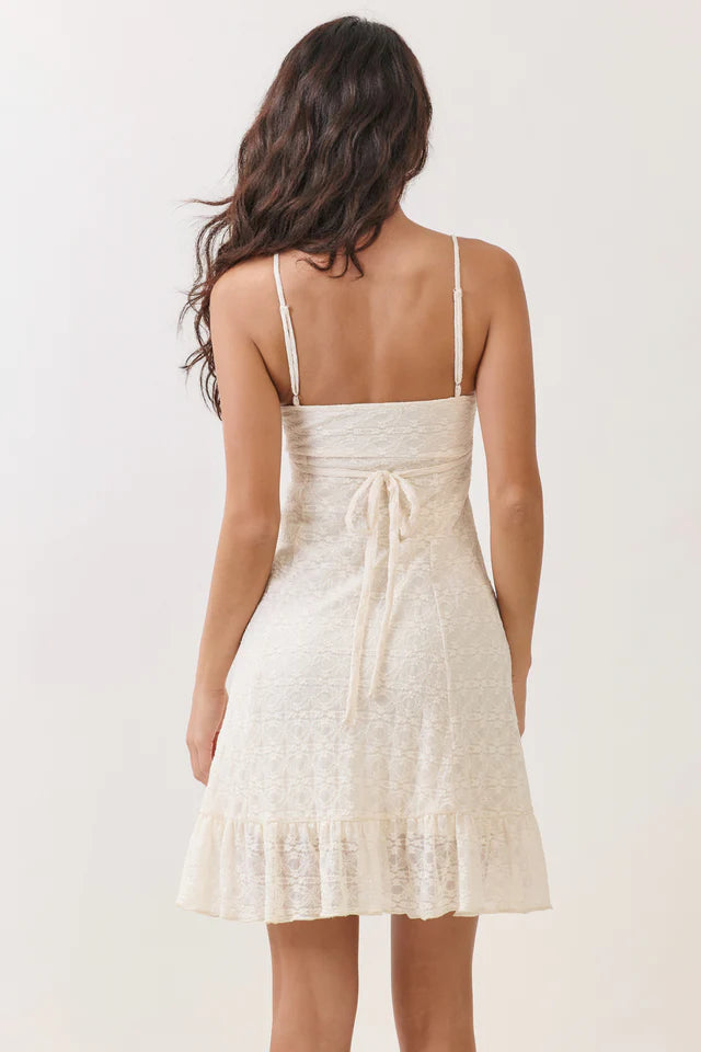 Cream lace twist-front mini dress - front view