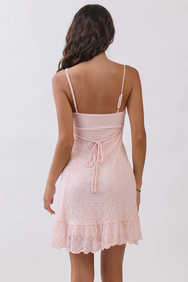 Pink lace twist-front mini dress - back view