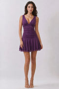 Purple V-neck ruched tiered ruffle mini dress - front view