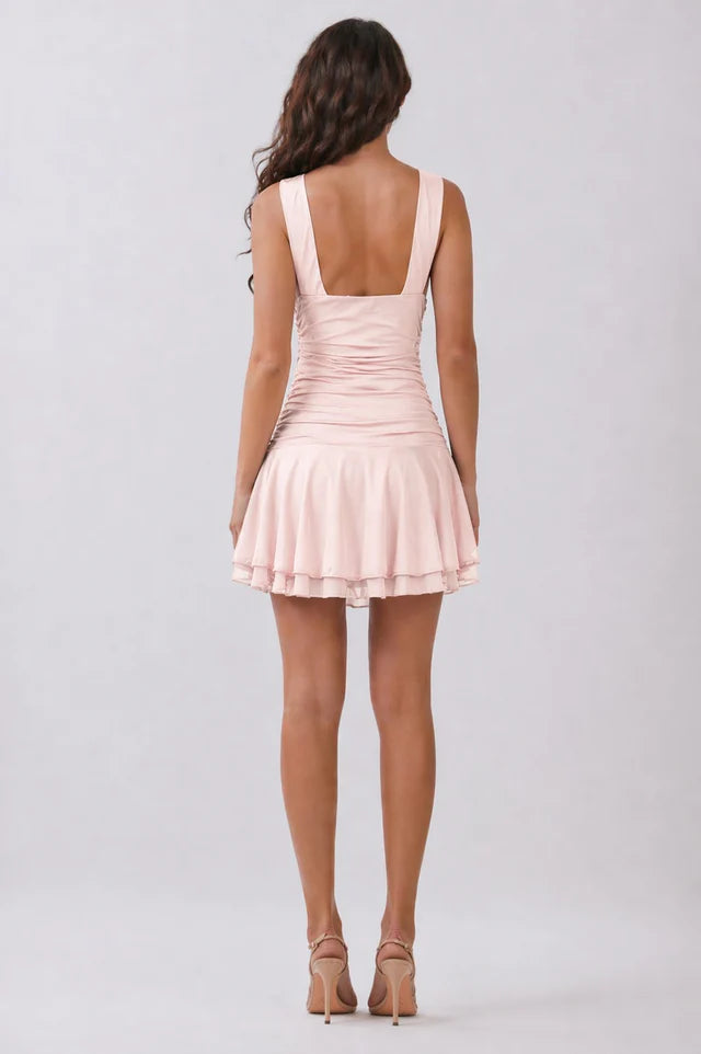 Blush pink V-neck ruched tiered ruffle mini dress - back view