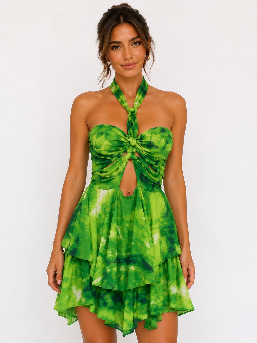 Green tie-dye halter sweetheart knot cut-out tiered asymmetric hem mini dress - front view showing knot detail