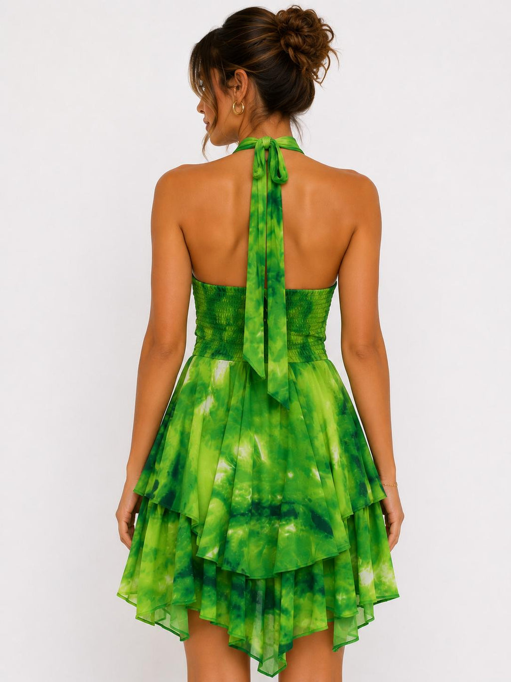 Green tie-dye halter sweetheart knot cut-out tiered asymmetric hem mini dress - back view showing open back and smocking