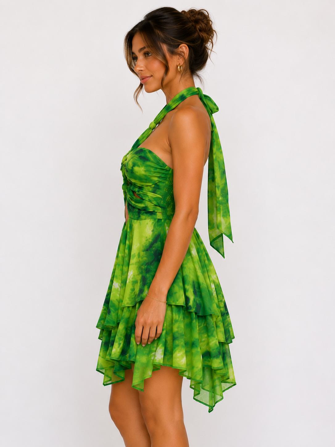 Green tie-dye halter sweetheart knot cut-out tiered asymmetric hem mini dress - side view showing cut-out and tiers