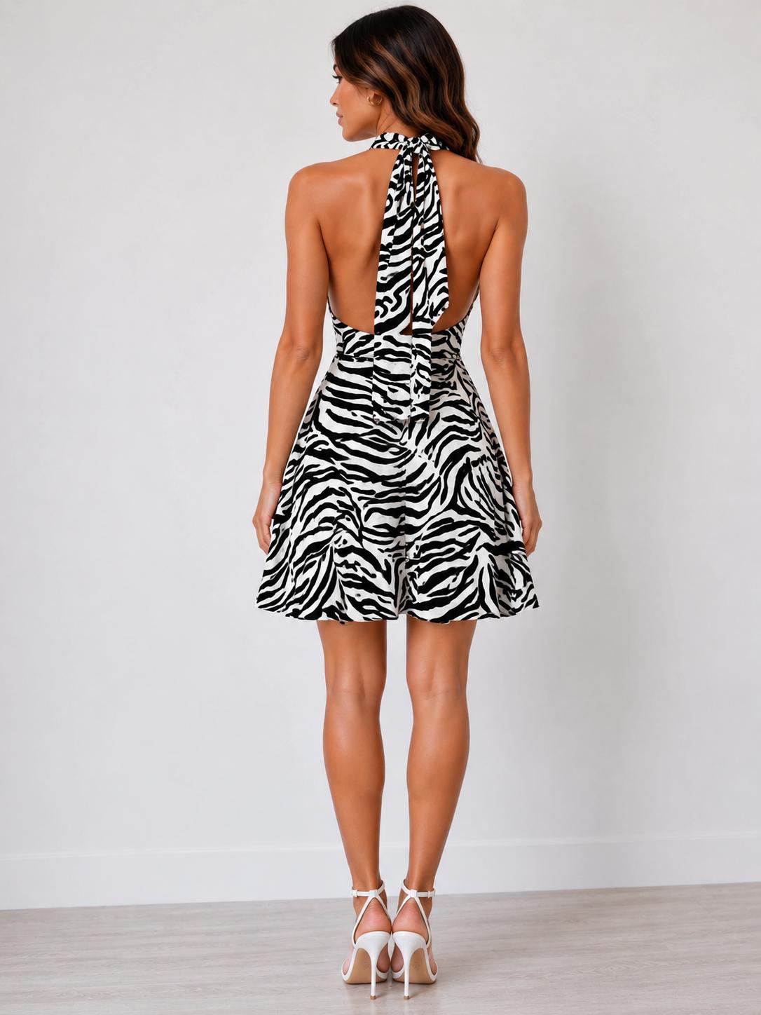 Zebra print halter deep-V knot cut-out open-back flared mini dress - back open back view