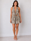 Khaki zebra print halter deep-V tie-front cut-out smocked waist open-back flared mini dress - front full view showing tie knot detail