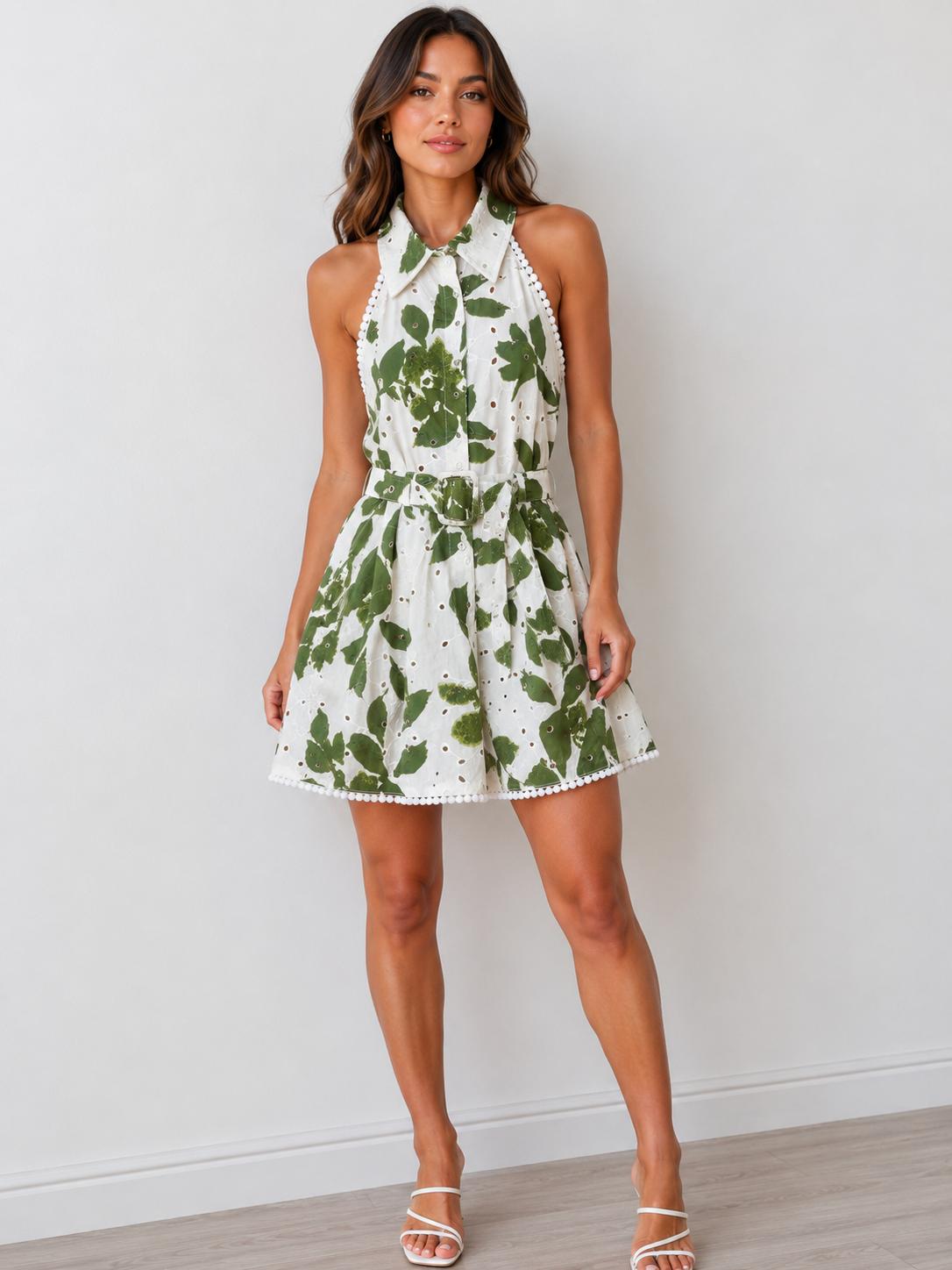 Cobalt blue floral halter collar button-front belted open-back mini dress - second side view