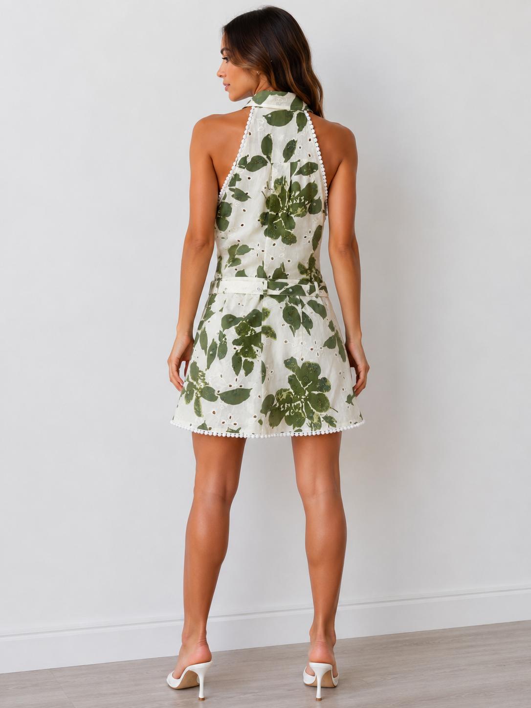 Cobalt blue floral halter collar button-front belted open-back mini dress - side view