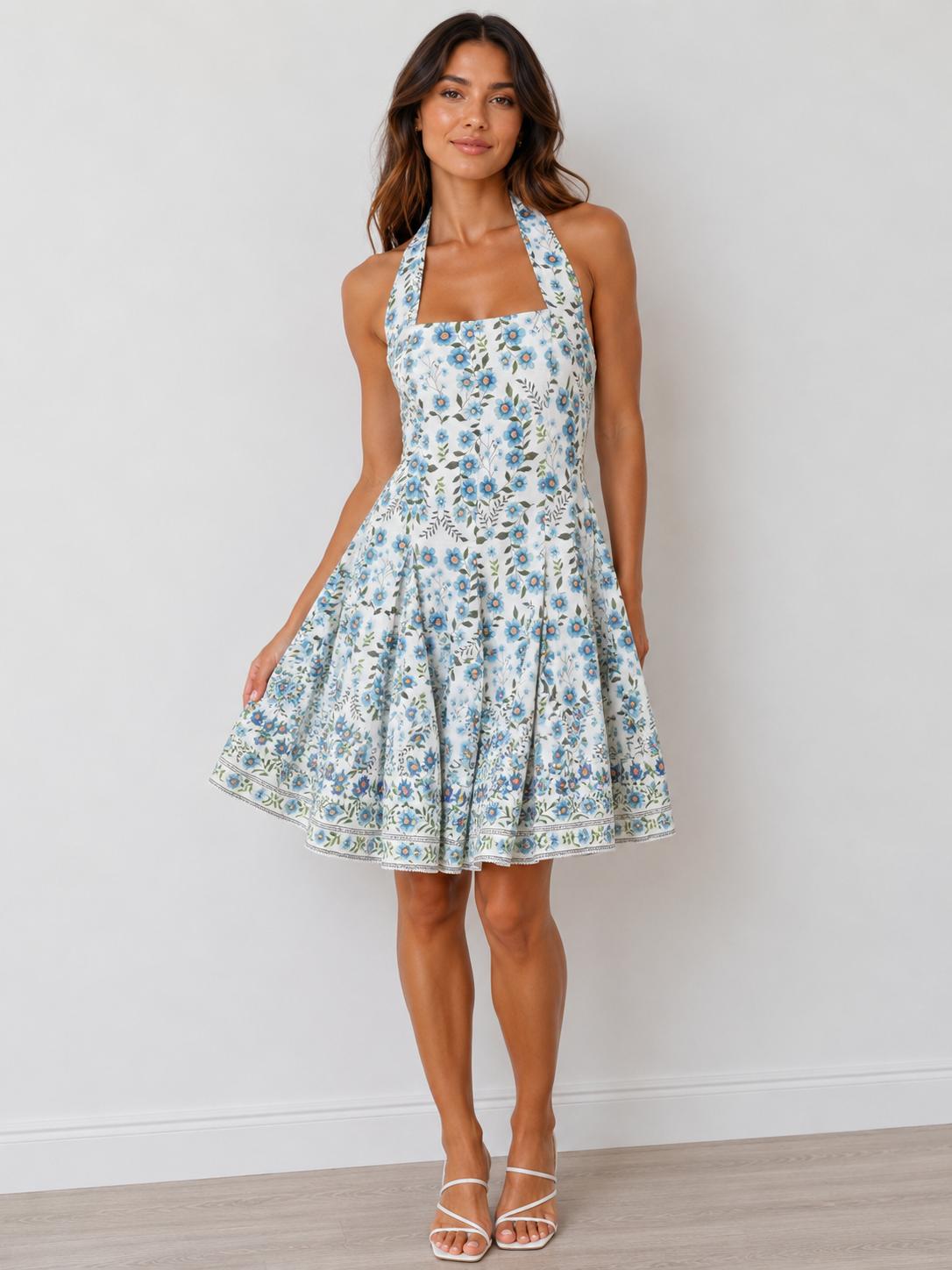 Blue botanical halter square-neck smocked waist fit-and-flare border print mini dress - front full view showing square neckline and border hem