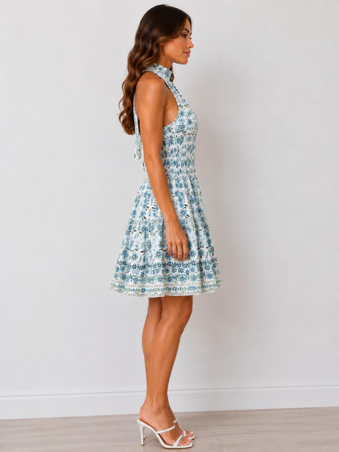 Blue botanical halter square-neck smocked waist fit-and-flare border print mini dress - second side view showing open back and halter tie