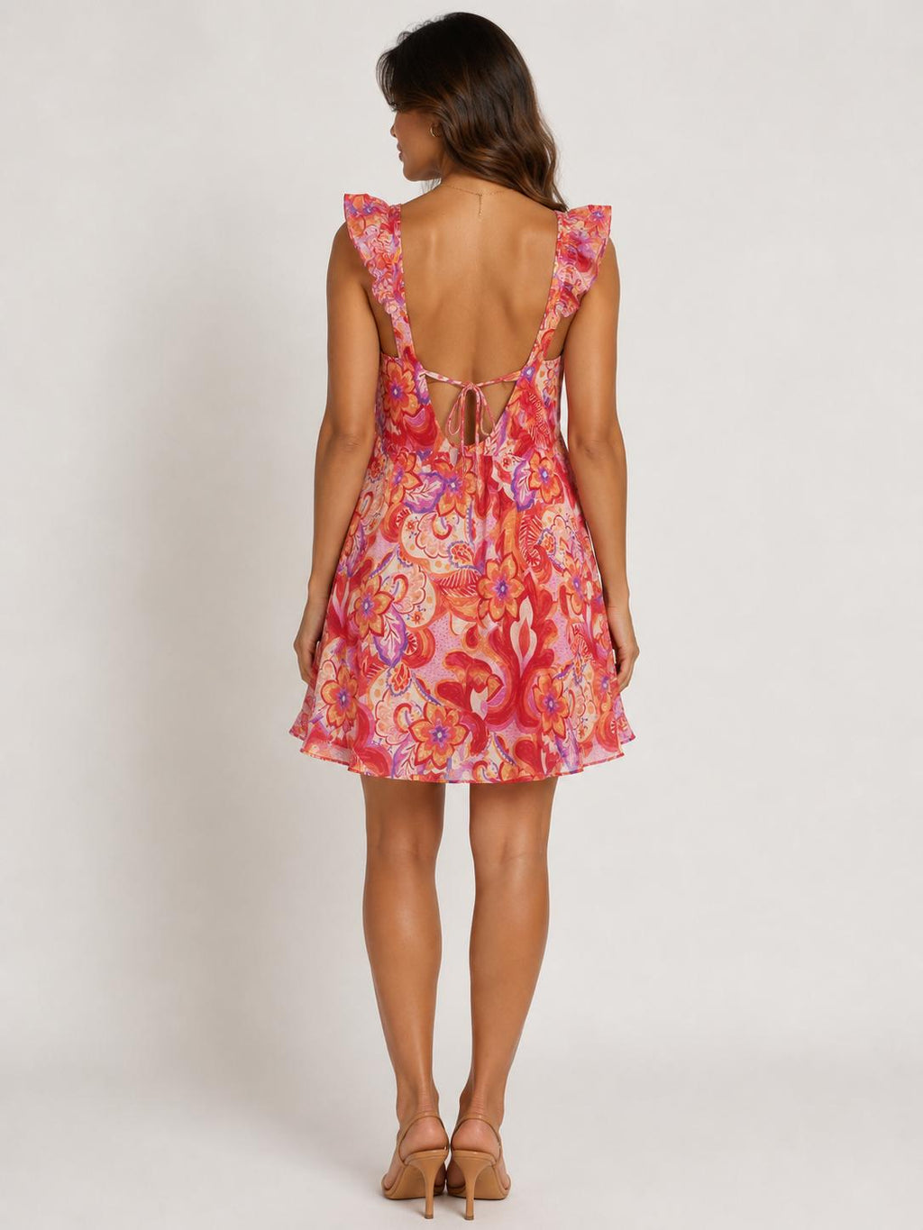 Retro floral chiffon ruffle-strap deep-V tie-front open-back mini dress - back view showing open back and centre tie bow