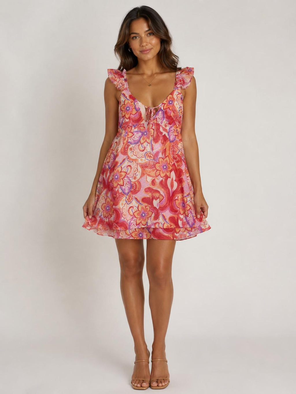 Retro floral chiffon ruffle-strap deep-V tie-front open-back mini dress - front full view showing V neckline and ruffle straps