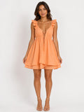 Orange ruffle-strap deep-V lace-up tie-back open-back double-layer mini dress - front full view showing deep V and ruffle straps