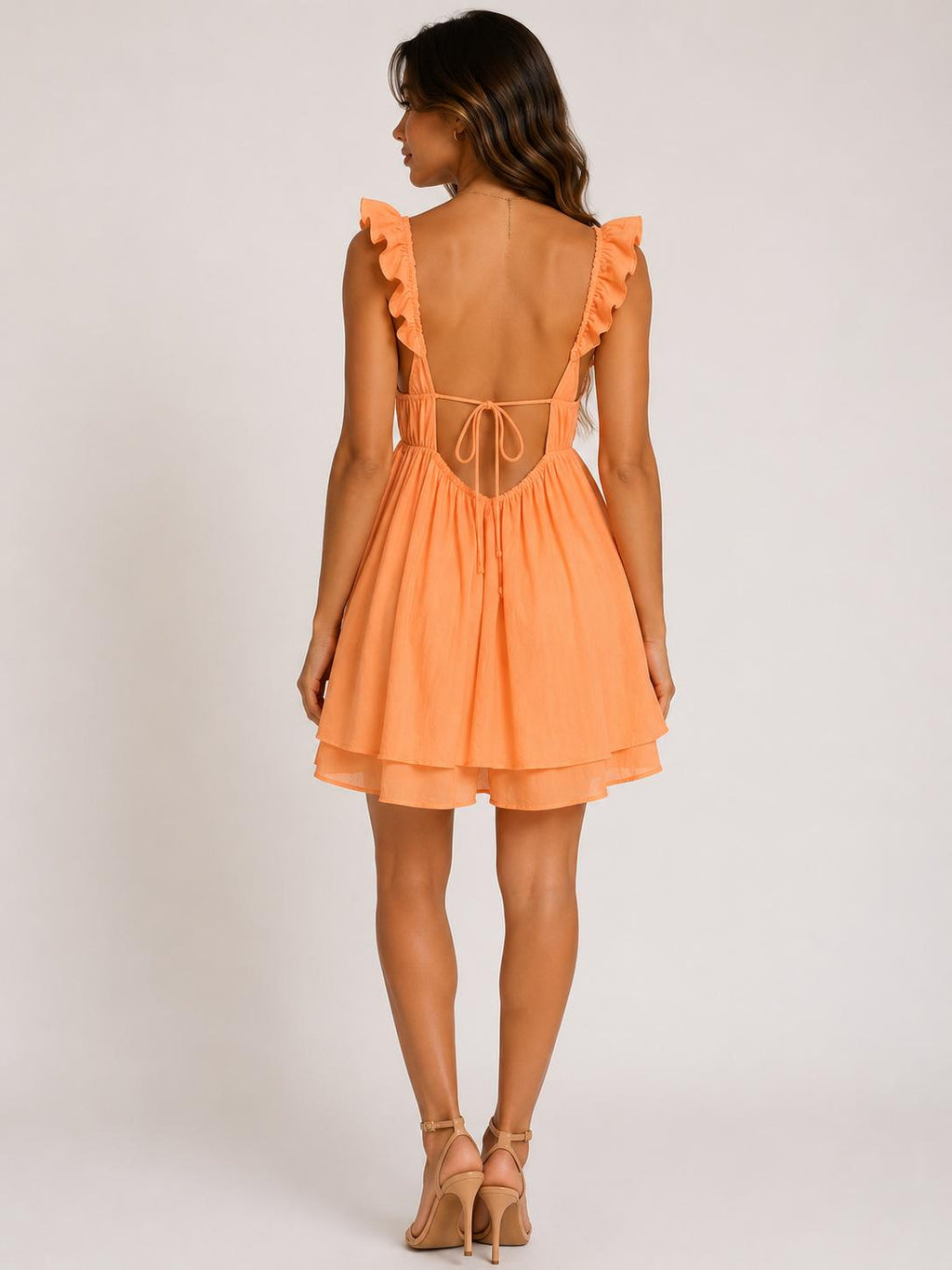 Orange ruffle-strap deep-V lace-up tie-back open-back double-layer mini dress - back view showing open back and centre tie bow