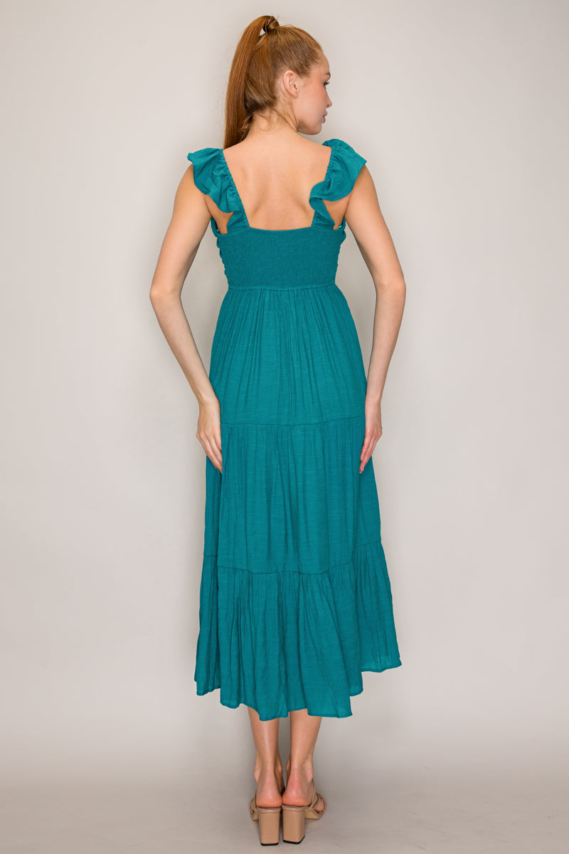 Teal V-neck ruffle strap open back tiered midi dress - front full length view