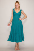 Teal V-neck ruffle strap open back tiered midi dress - front three quarter view