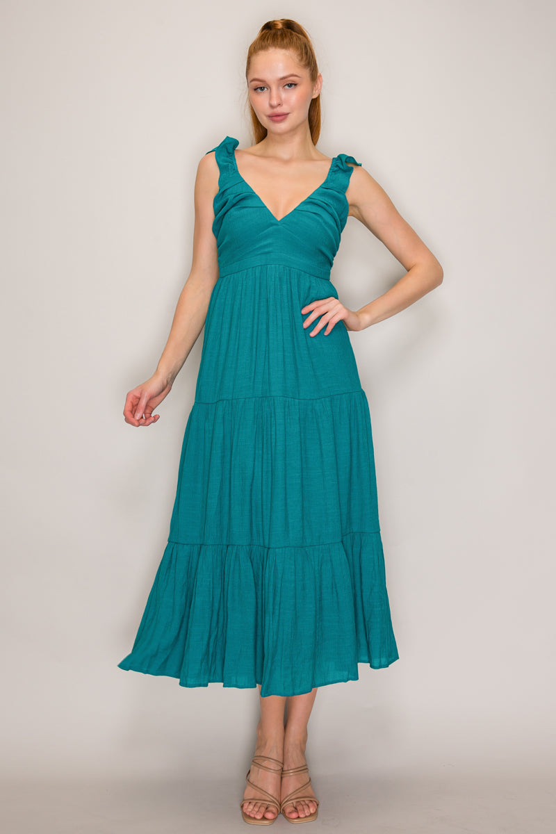 Teal V-neck ruffle strap open back tiered midi dress - front three quarter view
