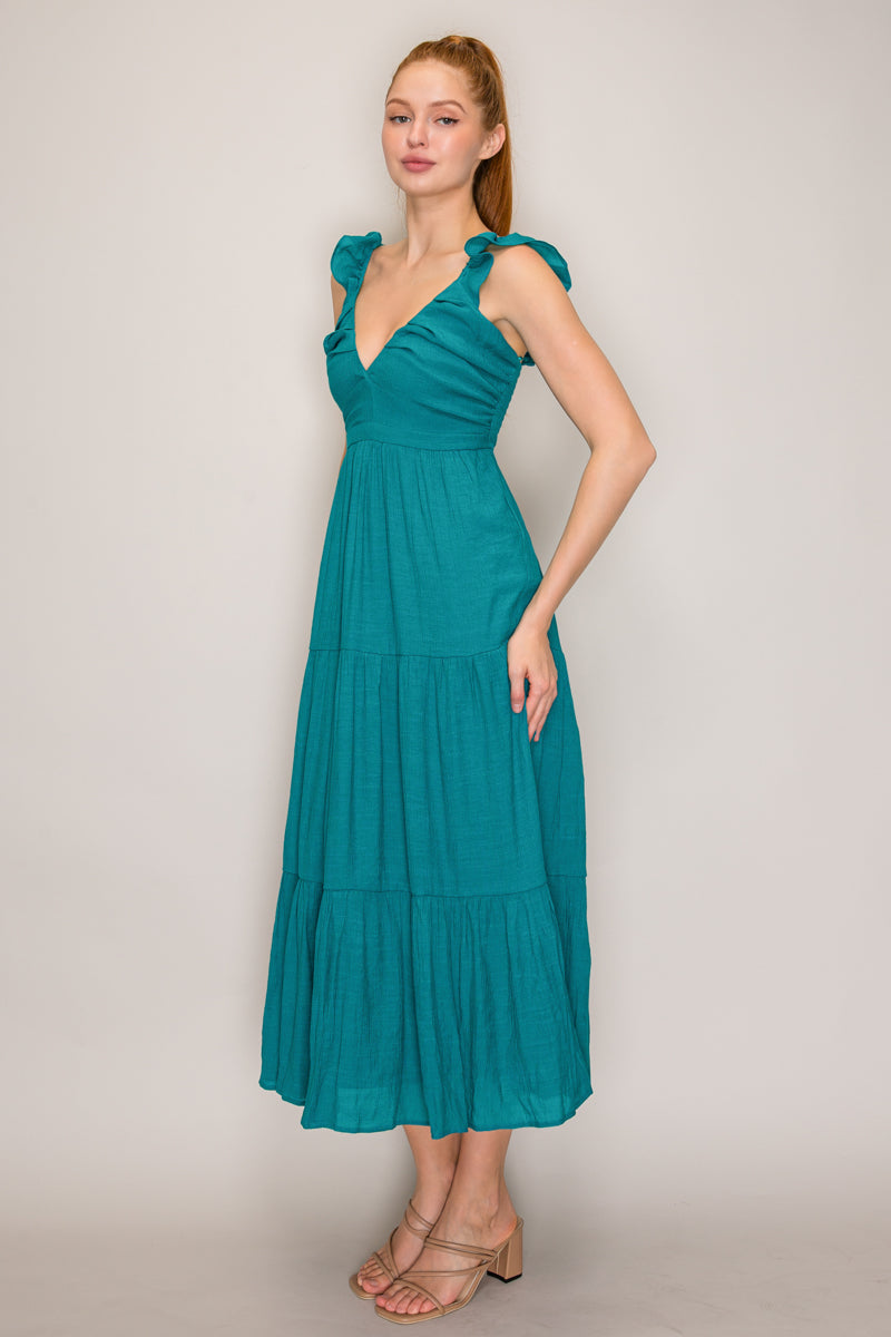 Teal V-neck ruffle strap open back tiered midi dress - back open detail view