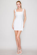 White 3D floral ruffle strap square neck mini dress - front view