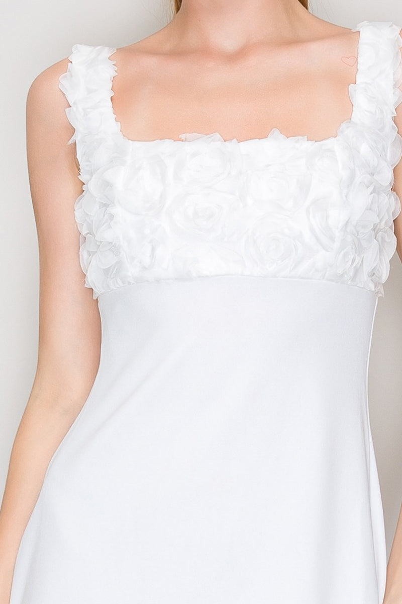 White 3D floral ruffle strap square neck mini dress - back view