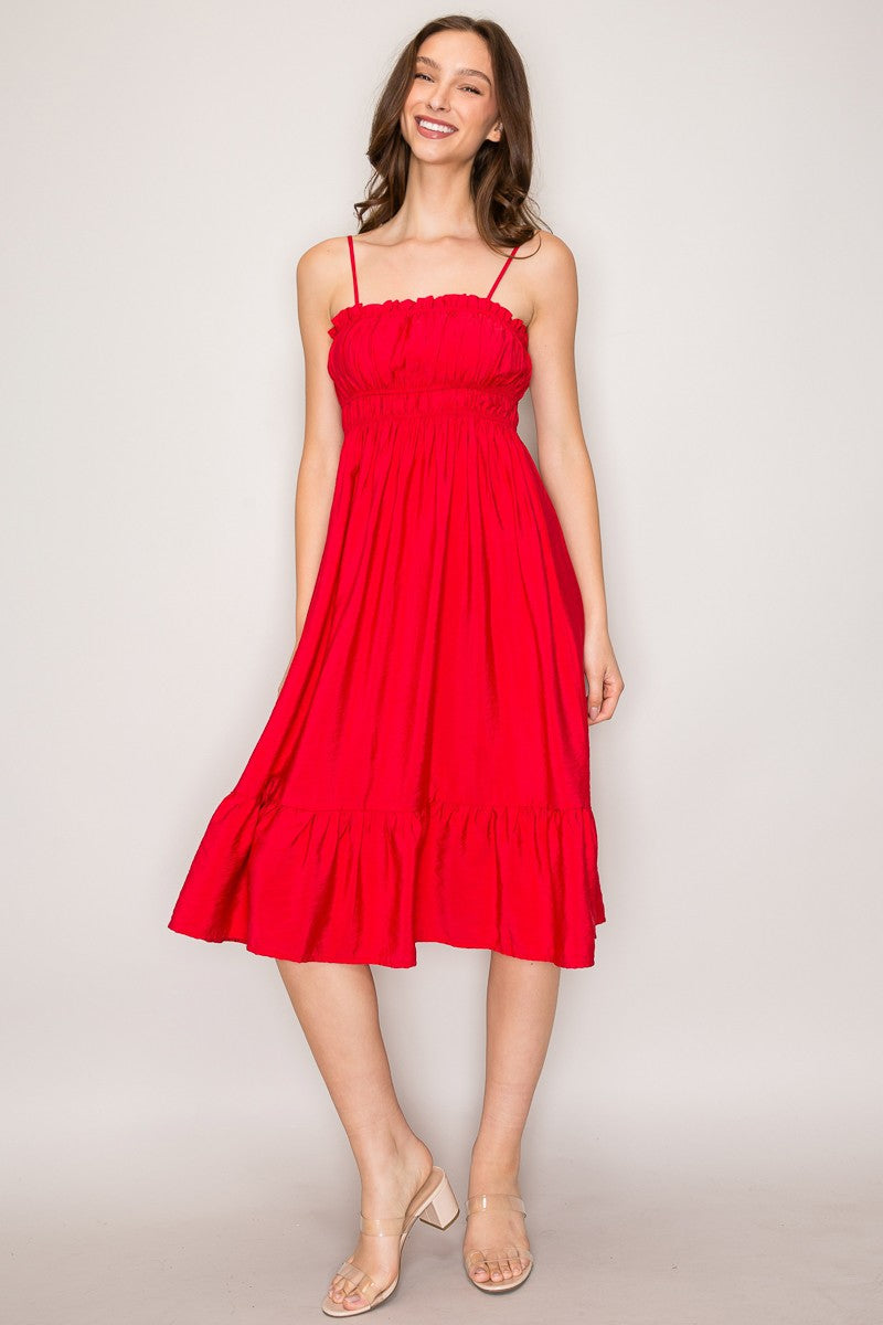 Red spaghetti-strap ruffle-trim smocked-bodice tiered midi dress - alternate front full-length view showing ruffle neckline trim, smocked bodice detail, and full tiered A-line skirt in vivid red