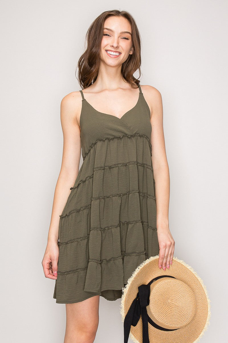 Olive spaghetti strap V-neck sweetheart tiered ruffle babydoll mini dress - side full length view